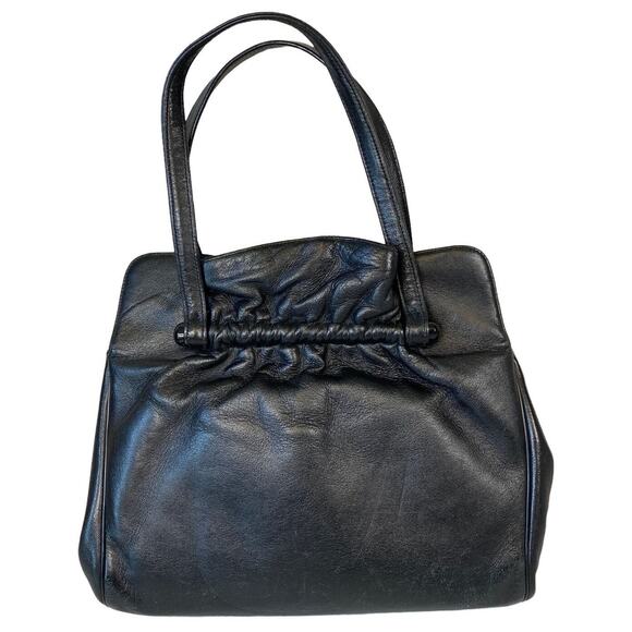 VTG 60s Ingber & Co. Black Cabretta Leather Handbag Gold Rose Clasp Retro USA - Picture 2 of 11